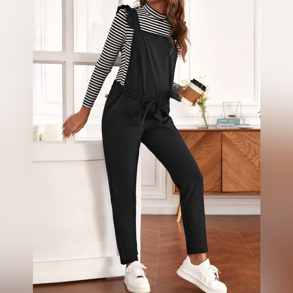 SHEIN Maternity Ruffle Trim Drawstring Jumpsuit - Black Medium